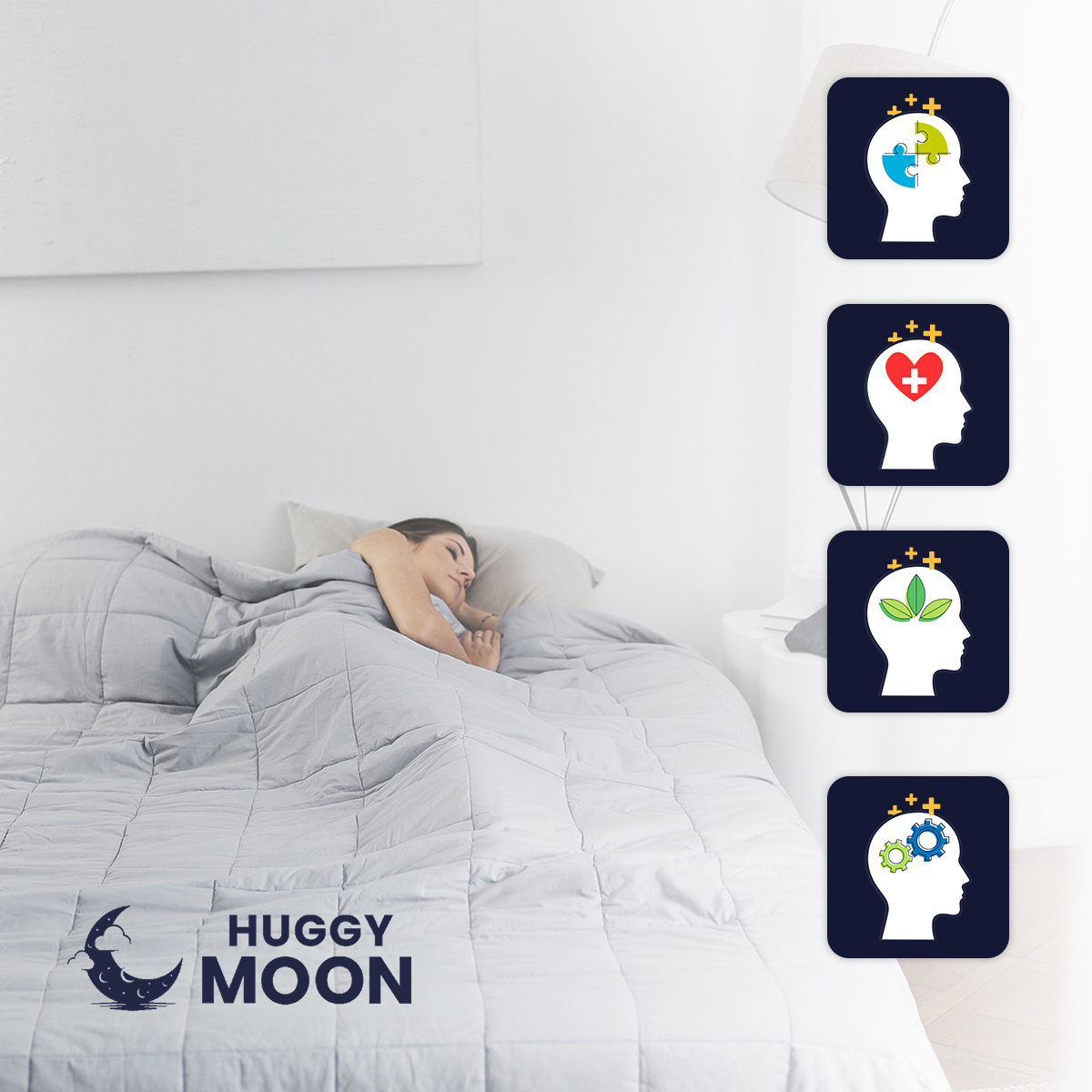Osoba leży pod szarą kołdrą, obok widoczne są cztery ikony przedstawiające profile głowy z różnymi symbolami. Na kołdrze znajduje się logo \'HUGGY MOON\'.