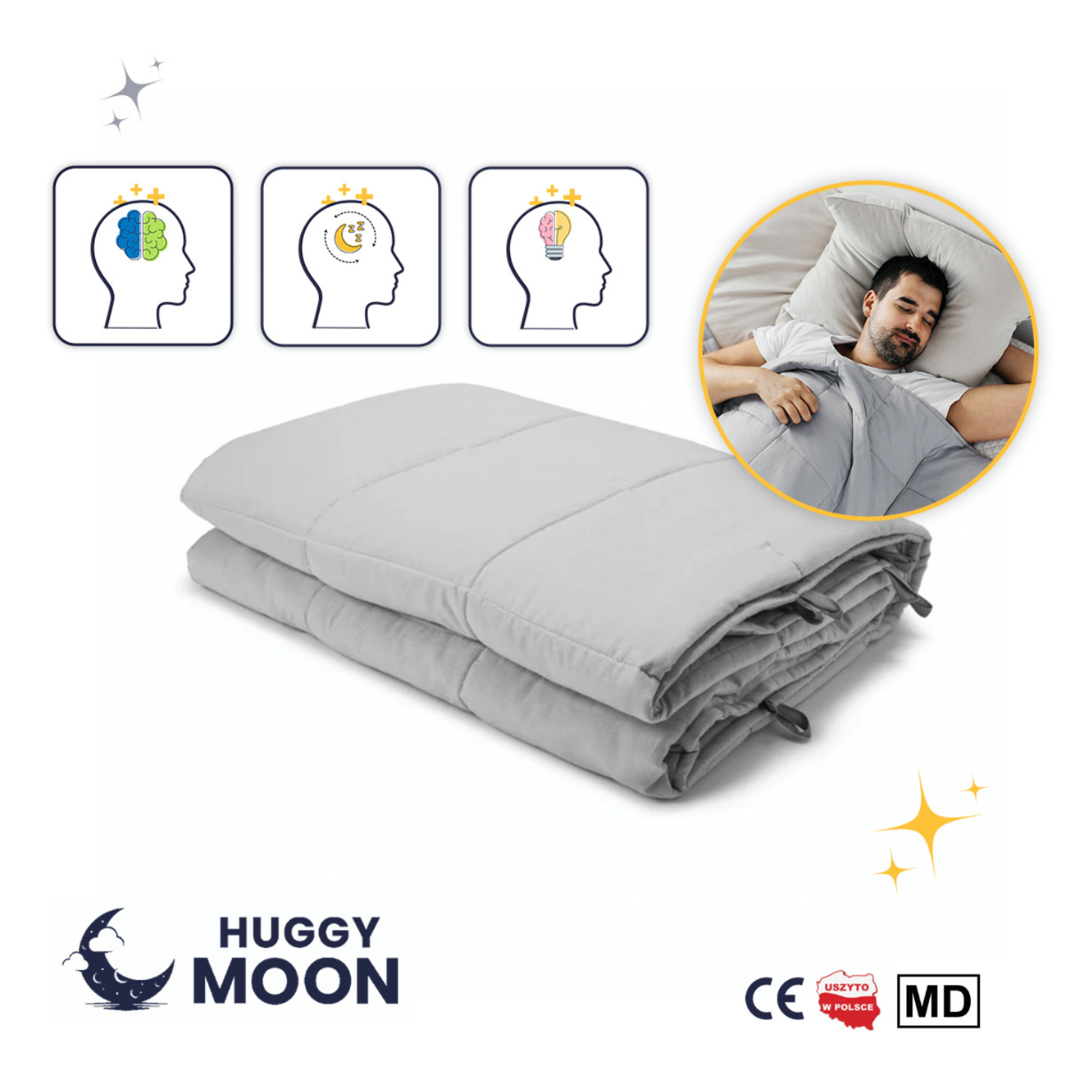 Na obrazie widoczna jest szara kołdra obciążeniowa złożona w prostokąt. W lewym dolnym rogu znajduje się logo \'HUGGY MOON\', a obok są ikony przedstawiające profile głowy z symbolami mózgu, księżyca i żarówki.