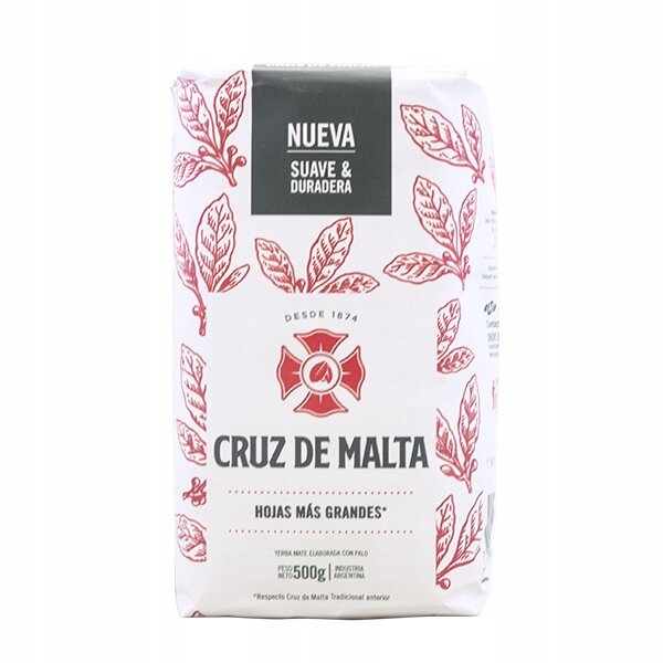 Opakowanie yerba mate Cruz de Malta z czerwonymi liśćmi na białym tle. Widoczny tekst: \'NUEVA SUAVE & DURADERA\', \'CRUZ DE MALTA\', \'HOJAS MÁS GRANDES\', \'PESO NETO 500g\'.