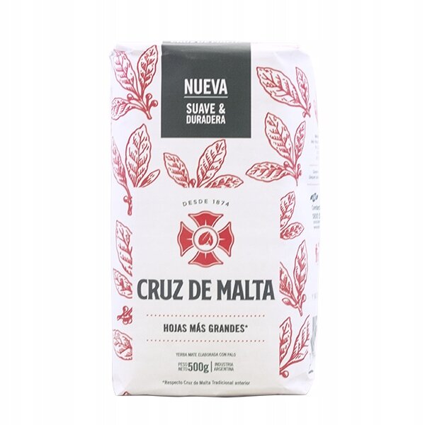 Opakowanie yerba mate Cruz de Malta z czerwonymi liśćmi na białym tle. Widoczny tekst: \'NUEVA SUAVE & DURADERA\', \'CRUZ DE MALTA\', \'HOJAS MÁS GRANDES\', \'PESO NETO 500g\'.