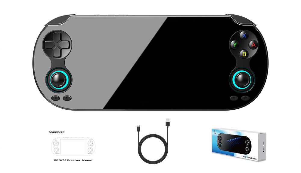 Na obrazie widoczna jest czarna przenośna konsola do gier z przyciskami i joystickami po obu stronach ekranu. Obok konsoli znajdują się instrukcja obsługi, kabel USB oraz pudełko z grafiką konsoli i napisem \'RG VITA Pro\'.