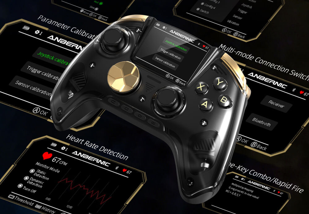 Czarny kontroler ANBERNIC RG G01 z wyświetlaczem i przyciskami oznaczonymi literami X, Y, A, B. W tle widoczne są ekrany z tekstami: \'Parameter Calibration\', \'Heart Rate Detection\', \'Multi-mode Connection Switch\', \'One-Key Combo/Rapid Fire\'.
