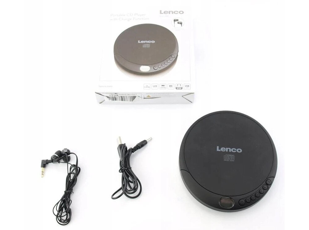 Na obrazie widoczny jest czarny odtwarzacz CD marki Lenco z kilkoma przyciskami na obudowie oraz logo \'Lenco\' na wierzchu. Obok znajdują się słuchawki, kabel zasilający i pudełko z grafiką przedstawiającą ten sam odtwarzacz.