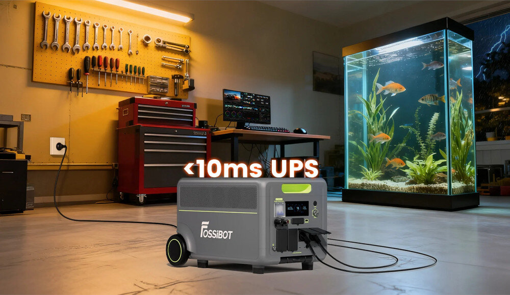 Na obrazie znajduje się stacja zasilania z logo \'FOSSIBOT\', podłączona do urządzeń w pomieszczeniu z narzędziami i akwarium. Widoczny jest napis \'<10ms UPS\'.