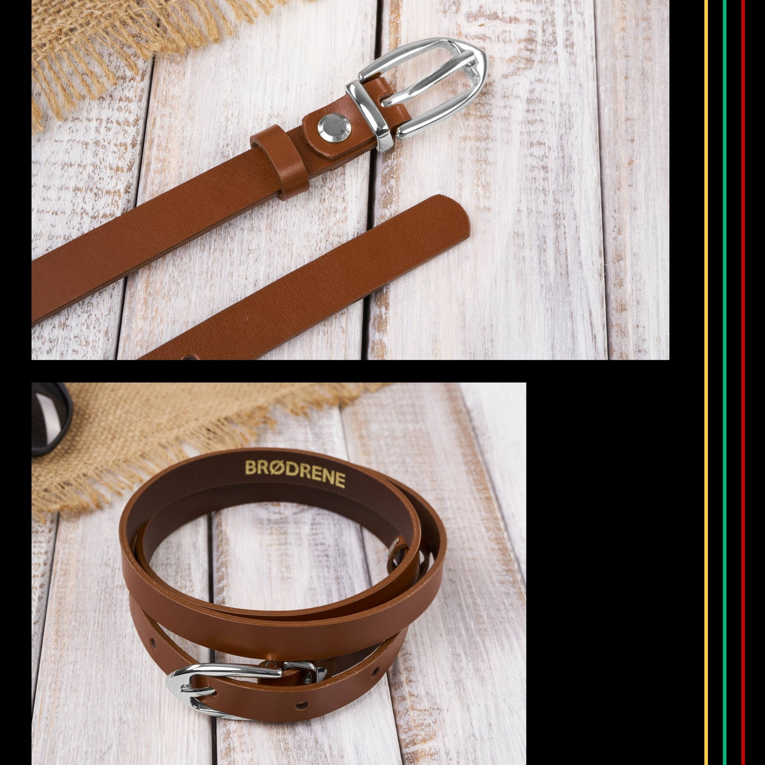 Brązowy, cienki pasek skórzany z metalową klamrą, leży na drewnianej powierzchni. Na pasku widoczne jest logo \'BRØDRENE\'.