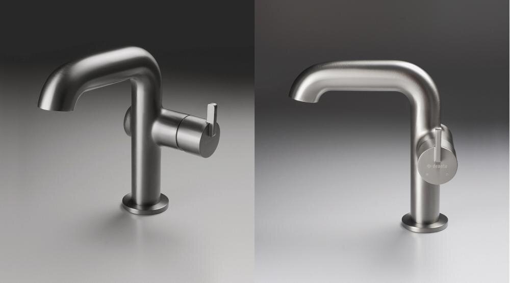 Obraz przedstawia dwie metaliczne baterie umywalkowe o nowoczesnym designie, z uchwytami po bokach. Na jednej z baterii widoczne jest logo \'deante\'.