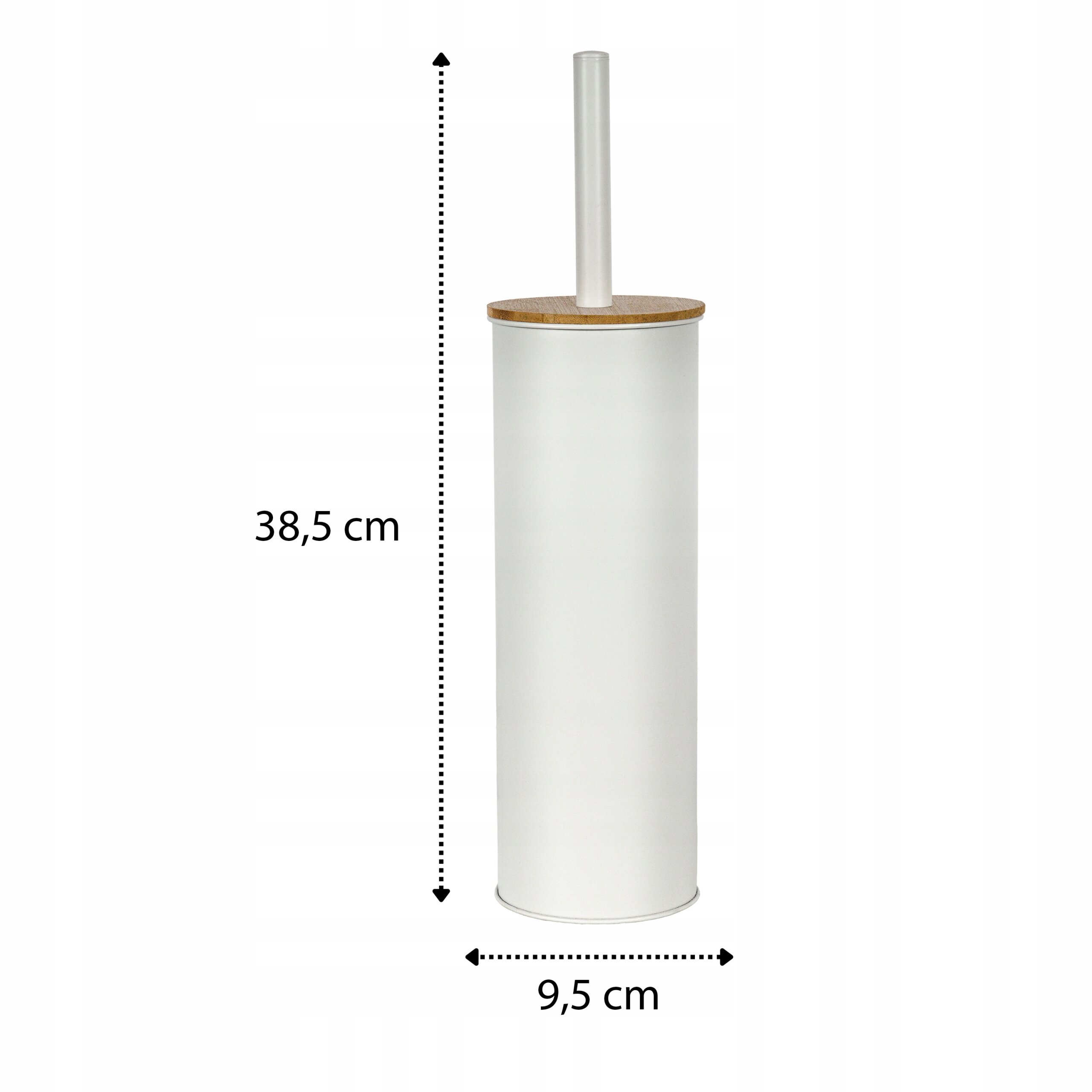 Biała, matowa szczotka do WC w kształcie tuby z drewnianym elementem na górze. Wymiary: wysokość 38,5 cm, średnica 9,5 cm.