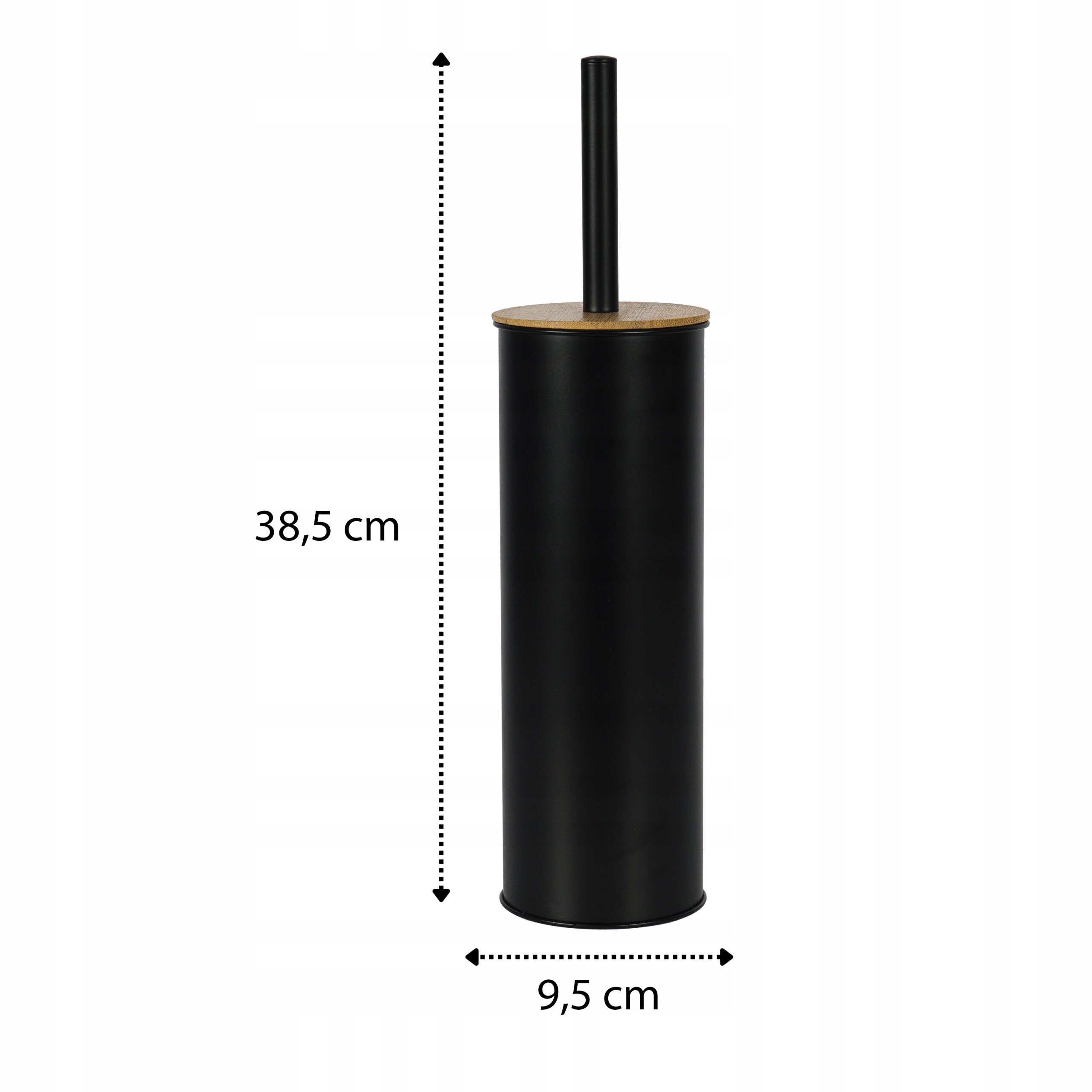 Czarna, matowa szczotka do WC z drewnianym elementem na górze, o wysokości 38,5 cm i średnicy 9,5 cm.