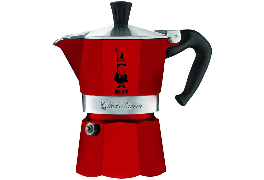 Czerwona kawiarka z czarnym uchwytem i srebrnym wykończeniem, z widocznym logo Bialetti oraz napisem \'Moka Express\'.