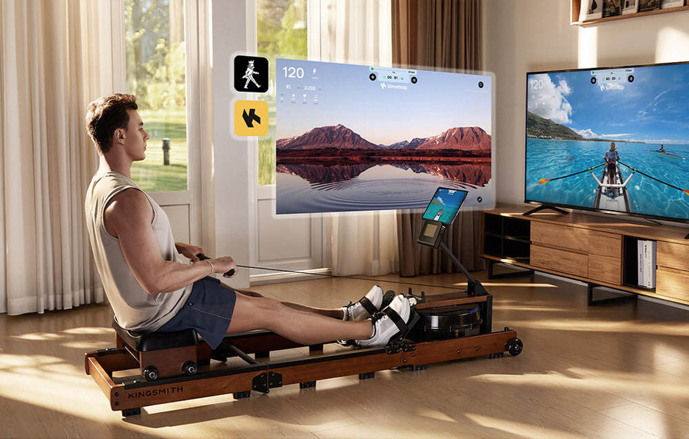 Wioślarz wodny KINGSMITH RMWR3LF z dokładnym stolikiem zdjęcie lifestyle Parametry pod kontrolą Wbudowany wyświetlacz Łączność z aplikacjami Kinomap i KS Fit Wirtualne trasy dostęp do danych treningowych