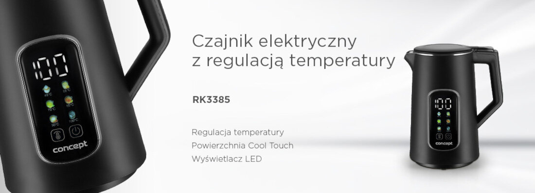 Obraz przedstawia czarny czajnik elektryczny z wyświetlaczem LED i regulacją temperatury. Widoczny tekst: \'Czajnik elektryczny z regulacją temperatury\', \'RK3385\', \'Regulacja temperatury\', \'Powierzchnia Cool Touch\', \'Wyświetlacz LED\'.