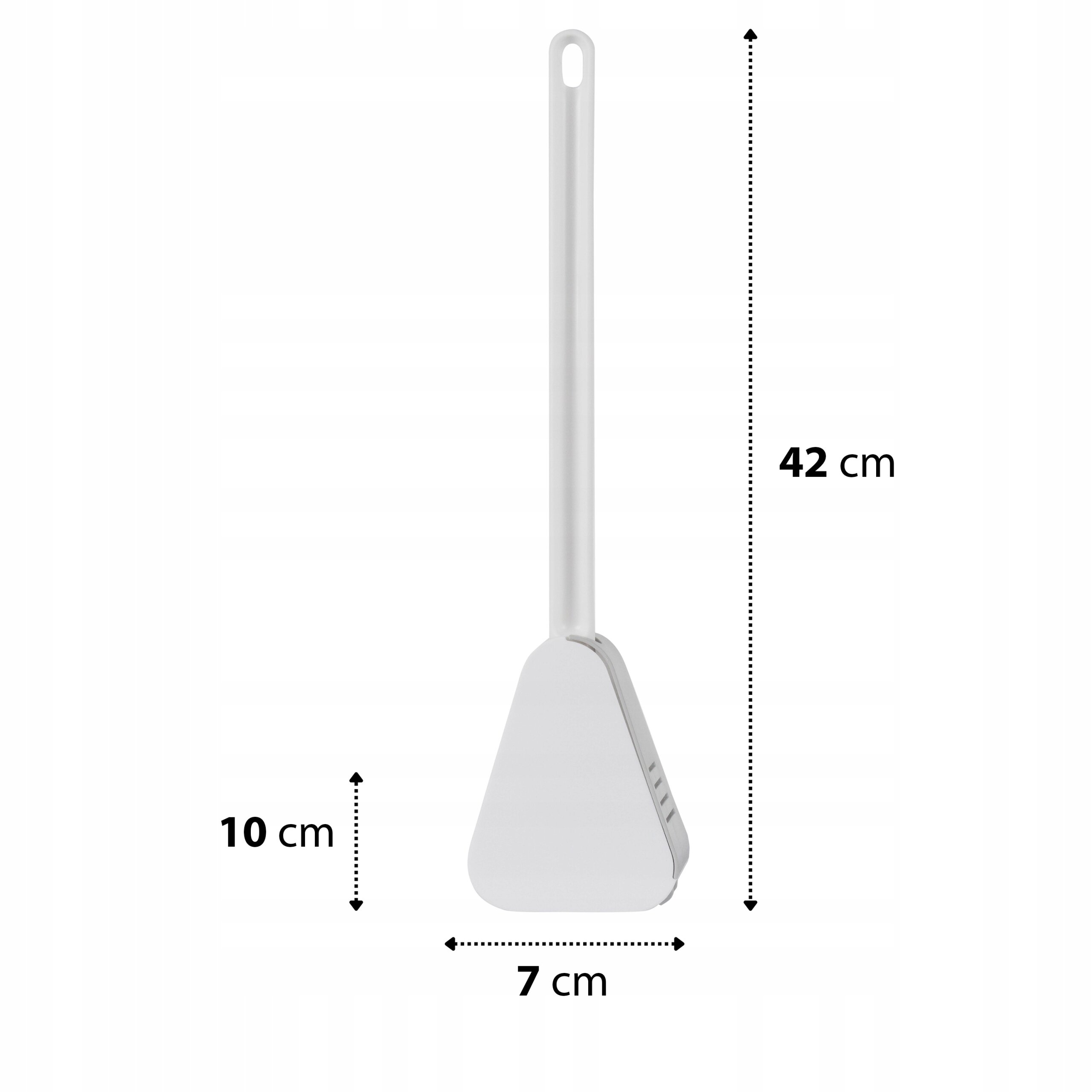 Biała szczotka do WC z silikonowym uchwytem, o wymiarach 42 cm wysokości, 10 cm szerokości i 7 cm głębokości. Posiada otwór na końcu uchwytu do zawieszenia.
