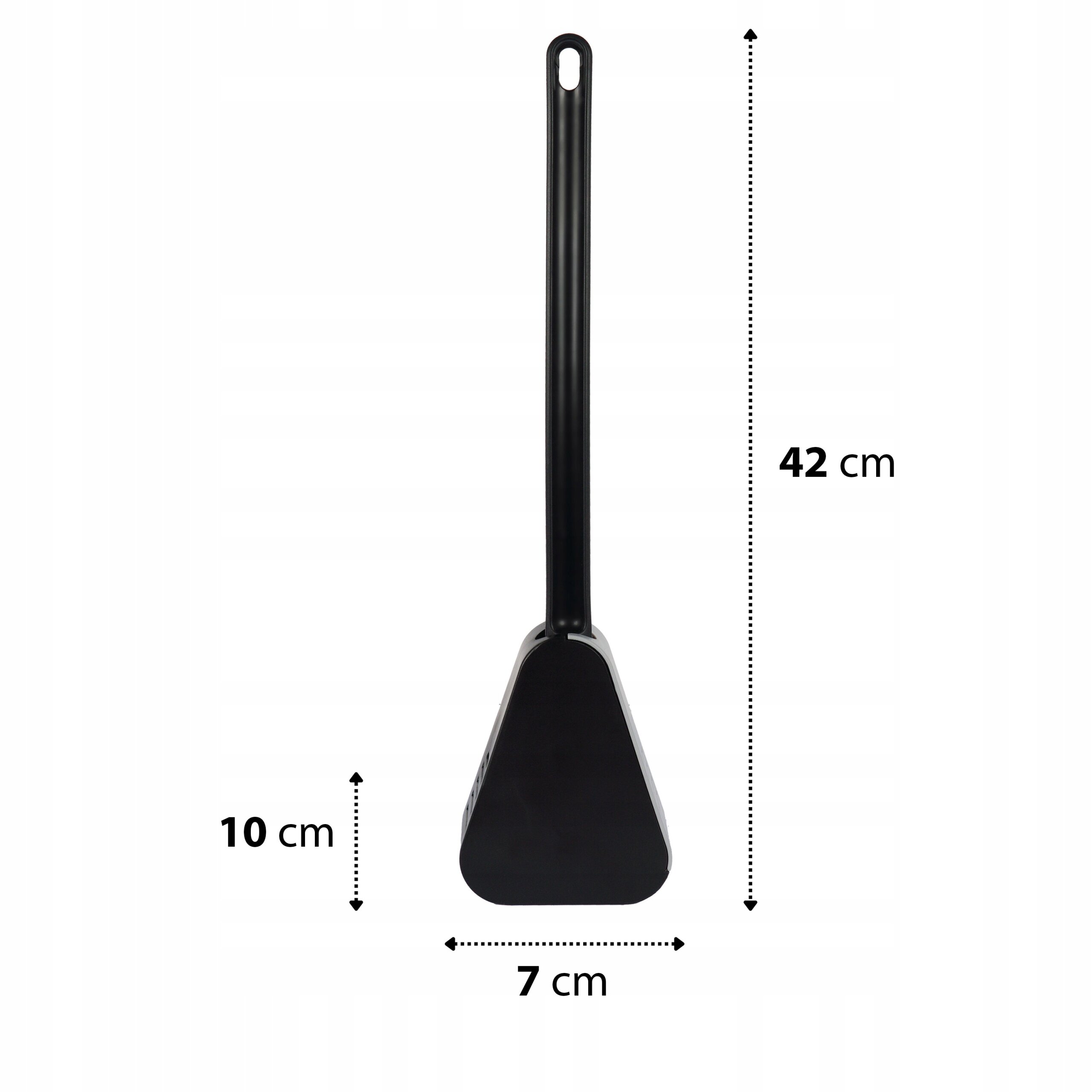 Czarna szczotka do WC z silikonowym uchwytem, o wymiarach 42 cm długości, 10 cm wysokości i 7 cm szerokości. Uchwyt posiada otwór do zawieszenia.