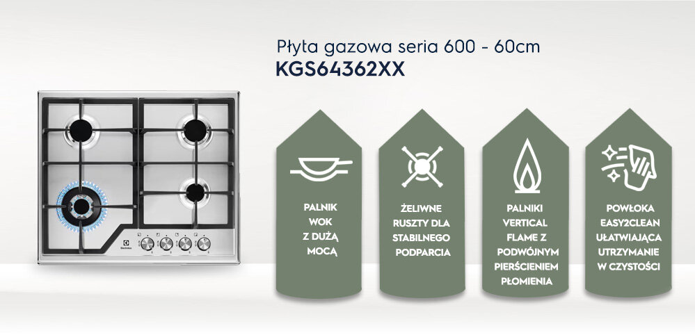 Obraz przedstawia płytę gazową z czterema palnikami, z czego jeden jest podświetlony na niebiesko. Obok znajdują się cztery ikony z opisami: \'PALNIK WOK Z DUŻĄ MOCĄ\', \'ŻELIWNE RUSZTY DLA STABILNEGO PODPARCIA\', \'PALNIKI VERTICAL FLAME Z PODWÓJNYM PIERŚCIENIEM PŁOMIENIA\', \'POWŁOKA EASY2CLEAN UŁATWIAJĄCA UTRZYMANIE W CZYSTOŚCI\'.
