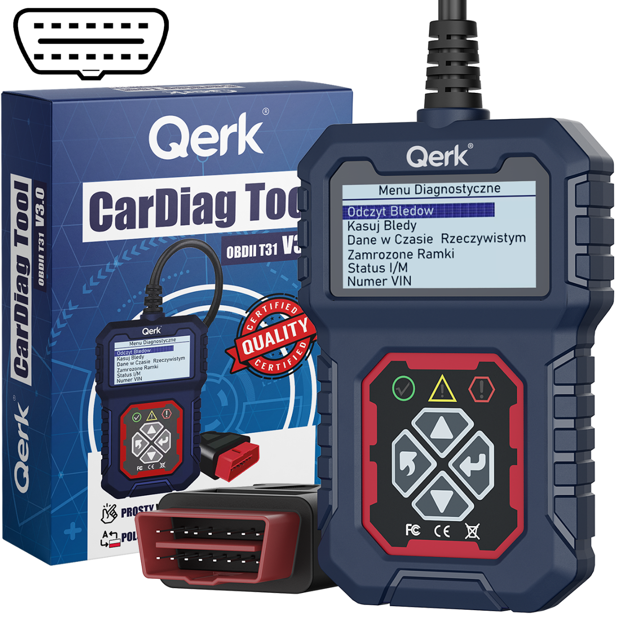 Na obrazie widoczny jest skaner diagnostyczny OBD2 marki Qerk z wyświetlaczem pokazującym menu diagnostyczne. Obok urządzenia znajduje się pudełko z napisem \'CarDiag Tool OBDII T31 V3.0\' oraz złącze OBD.