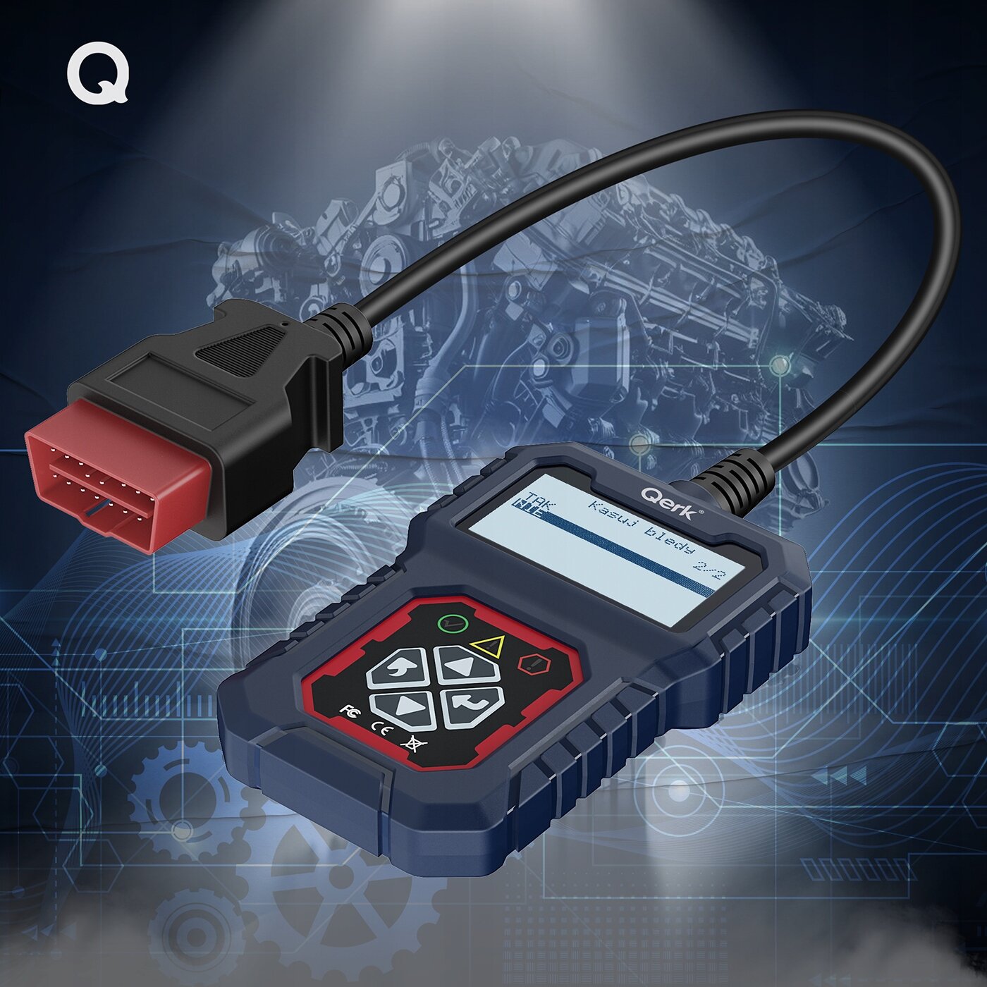 Na obrazie widoczny jest interfejs diagnostyczny OBD z wyświetlaczem pokazującym tekst \'Kasuj błędy\'. Urządzenie ma czarną obudowę z czerwonymi i zielonymi przyciskami oraz podłączony kabel z czerwonym złączem.