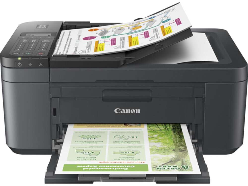 Urządzenie wielofunkcyjne CANON Pixma TR4755i Druk w kolorze, Automatyczny druk dwustronny, Wi-Fi prezentacja drukarki na białym tle z włożonym papierem drukarka skaner kopiarka faks użytkowanie domowe niewielkie biuro uniwersalność