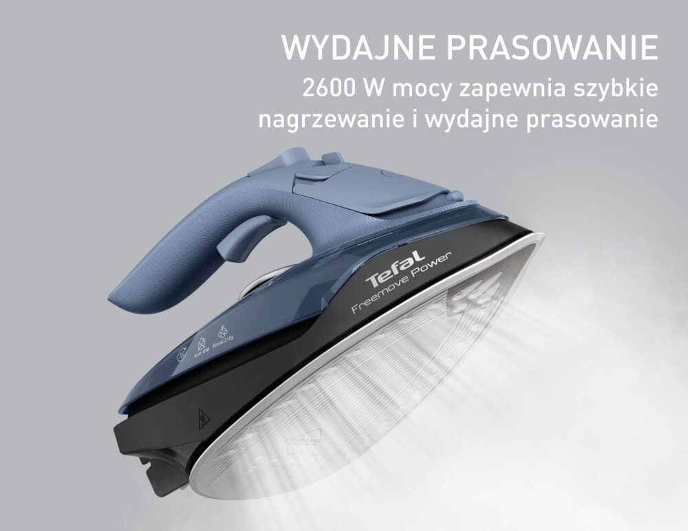 Na obrazie widoczne jest żelazko z napisem \'Tefal Freemove Power\'. W tle znajduje się tekst: \'WYDAJNE PRASOWANIE 2600 W mocy zapewnia szybkie nagrzewanie i wydajne prasowanie\'.