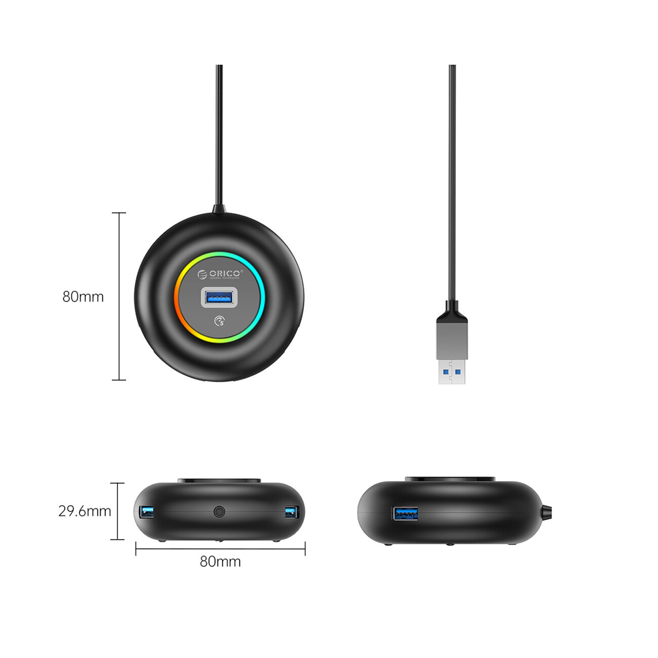 Czarny, okrągły hub USB z logo \'ORICO\' i kolorowym pierścieniem wokół portu USB. Wymiary urządzenia to 80 mm średnicy i 29,6 mm wysokości.