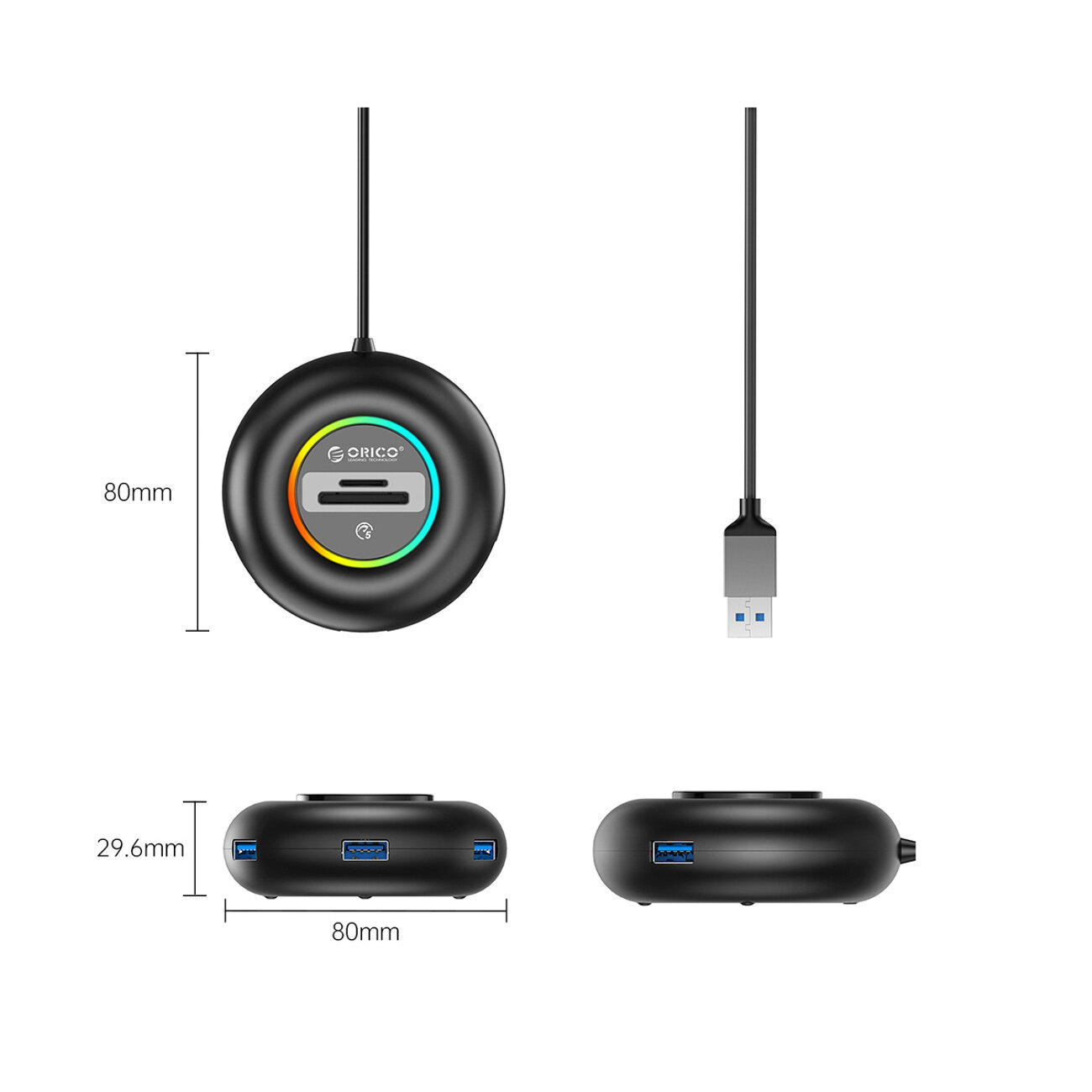 Obraz przedstawia czarny hub USB z okrągłym kształtem, posiadający cztery porty USB-A 3.0 oraz czytnik kart SD i microSD. Na produkcie widoczne jest logo \'Orico\' oraz kolorowy pierścień wokół czytnika kart.