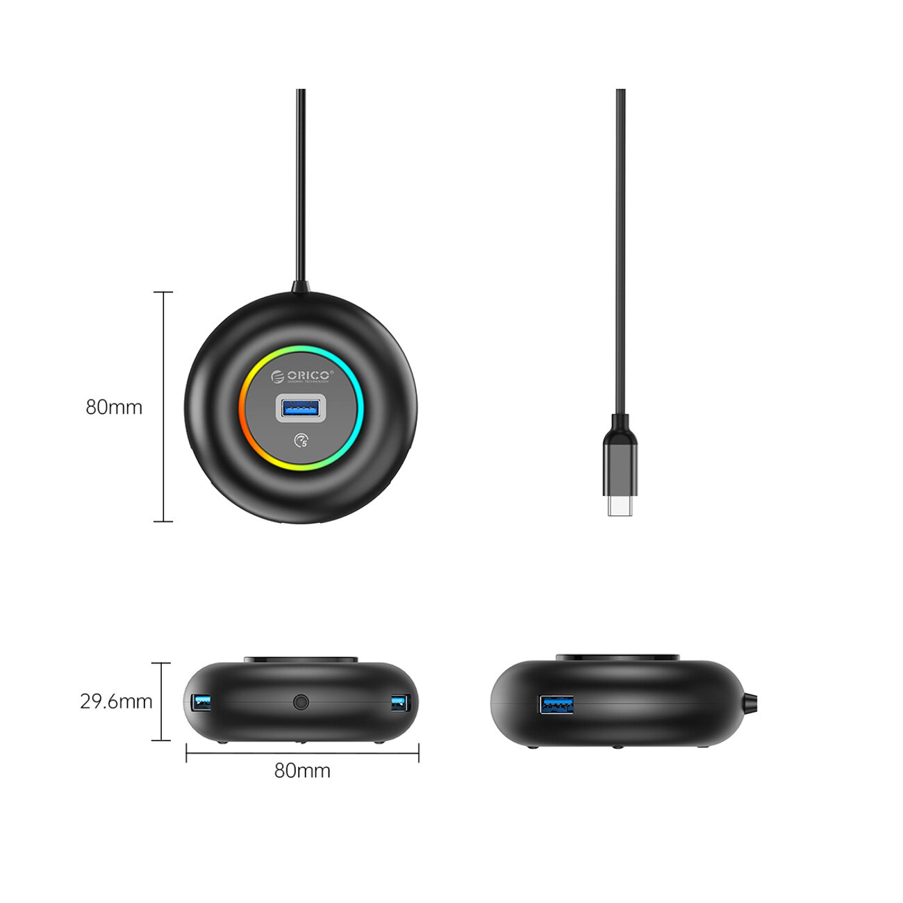 Obraz przedstawia czarny, okrągły hub USB z logo \'ORICO\' i kolorowym pierścieniem wokół portu USB. Wymiary urządzenia to 80 mm średnicy i 29,6 mm wysokości, z widocznym kablem zakończonym wtykiem USB-C.