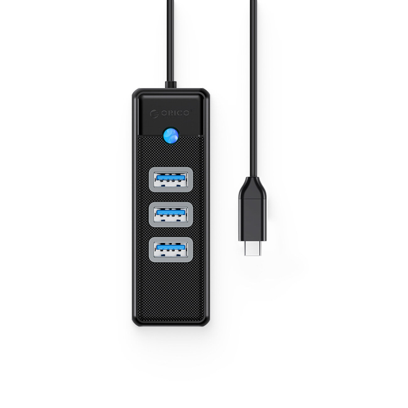 Czarny hub USB z trzema portami USB-A 3.0 i jednym portem Ethernet, z logo \'Orico\' oraz niebieskim wskaźnikiem LED. Do urządzenia podłączony jest kabel zakończony wtykiem USB-C.