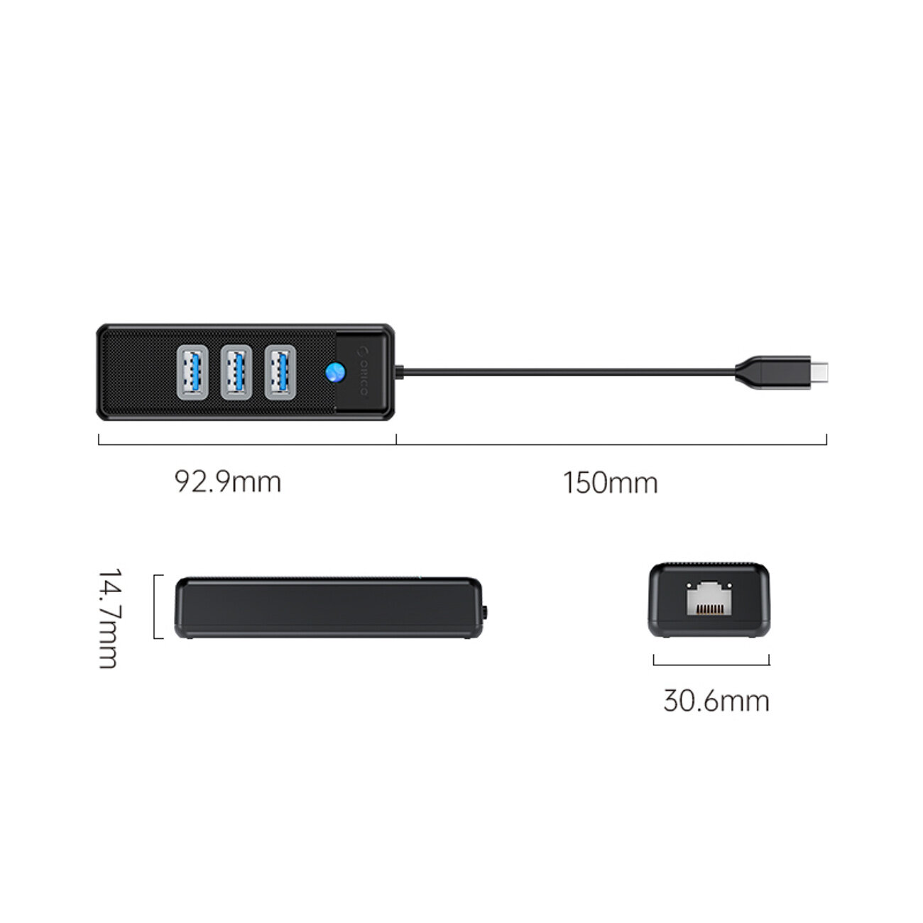 Na obrazie widoczny jest czarny hub USB z trzema portami USB-A 3.0 i jednym portem RJ45. Wymiary urządzenia to 92.9 mm długości, 14.7 mm wysokości i 30.6 mm szerokości, z kablem o długości 150 mm.