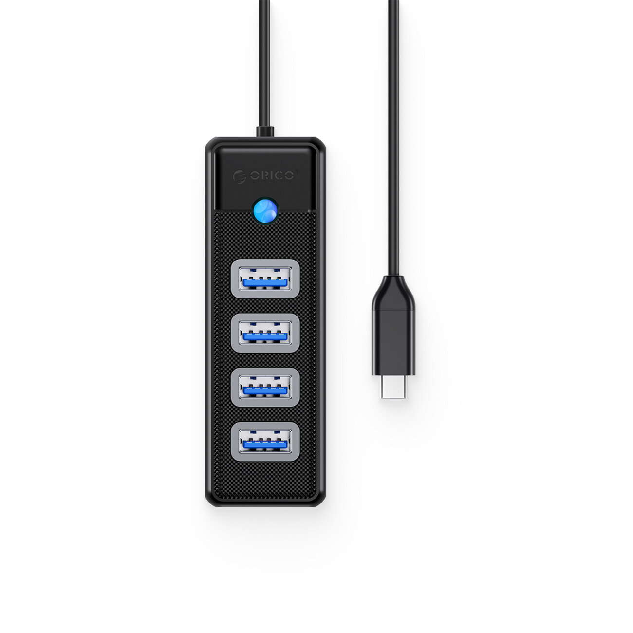 Czarny hub USB z czterema portami USB-A 3.0 i niebieskim wskaźnikiem LED. Na urządzeniu widoczne jest logo \'ORICO\'.