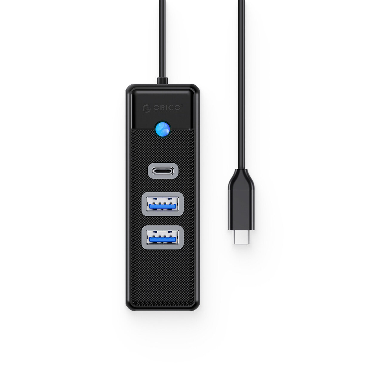 Czarny hub USB z trzema portami: jednym USB-C i dwoma USB-A 3.0, z widocznym logo \'ORICO\' oraz niebieskim wskaźnikiem LED. Urządzenie posiada kabel zakończony wtykiem USB-C.