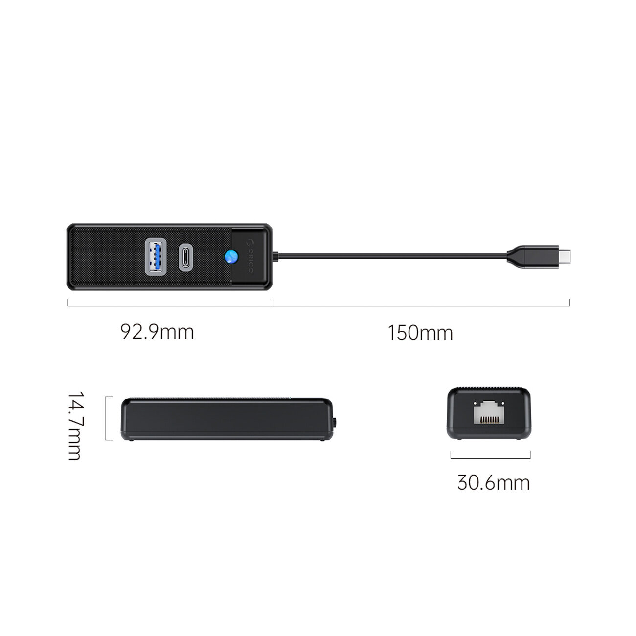 Na obrazie widoczny jest czarny hub USB z trzema portami: USB-A 3.0, USB-C 3.0 i RJ45 Gigabit Ethernet. Wymiary urządzenia to 92.9 mm długości, 14.7 mm wysokości i 30.6 mm szerokości, z kablem o długości 150 mm.