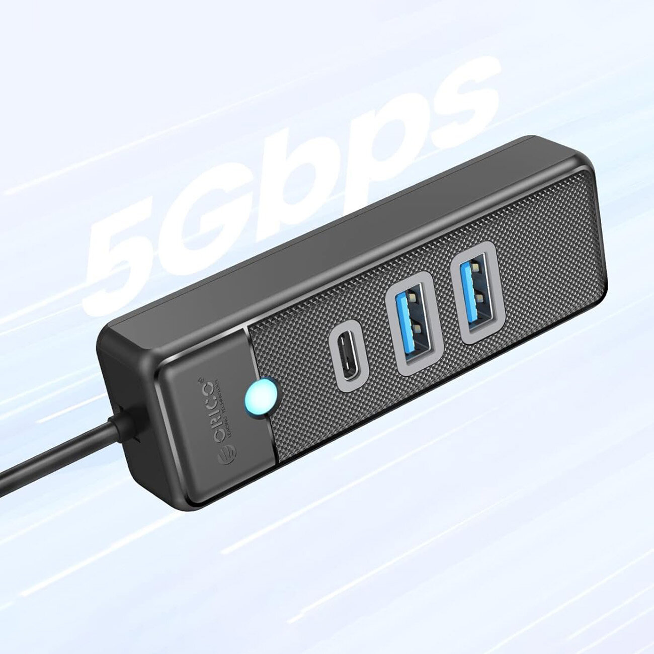 Czarny hub USB z trzema portami: jednym USB-C i dwoma USB-A, z logo \'Orico\' oraz napisem \'5Gbps\' w tle.