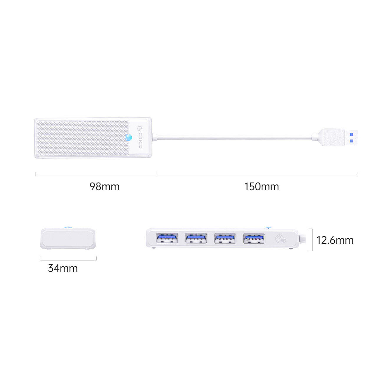 Na obrazie widoczny jest biały hub USB z czterema portami USB-A 3.0, oznaczony logo \'Orico\'. Wymiary urządzenia to 98mm długości, 34mm szerokości i 12.6mm wysokości, z kablem o długości 150mm.