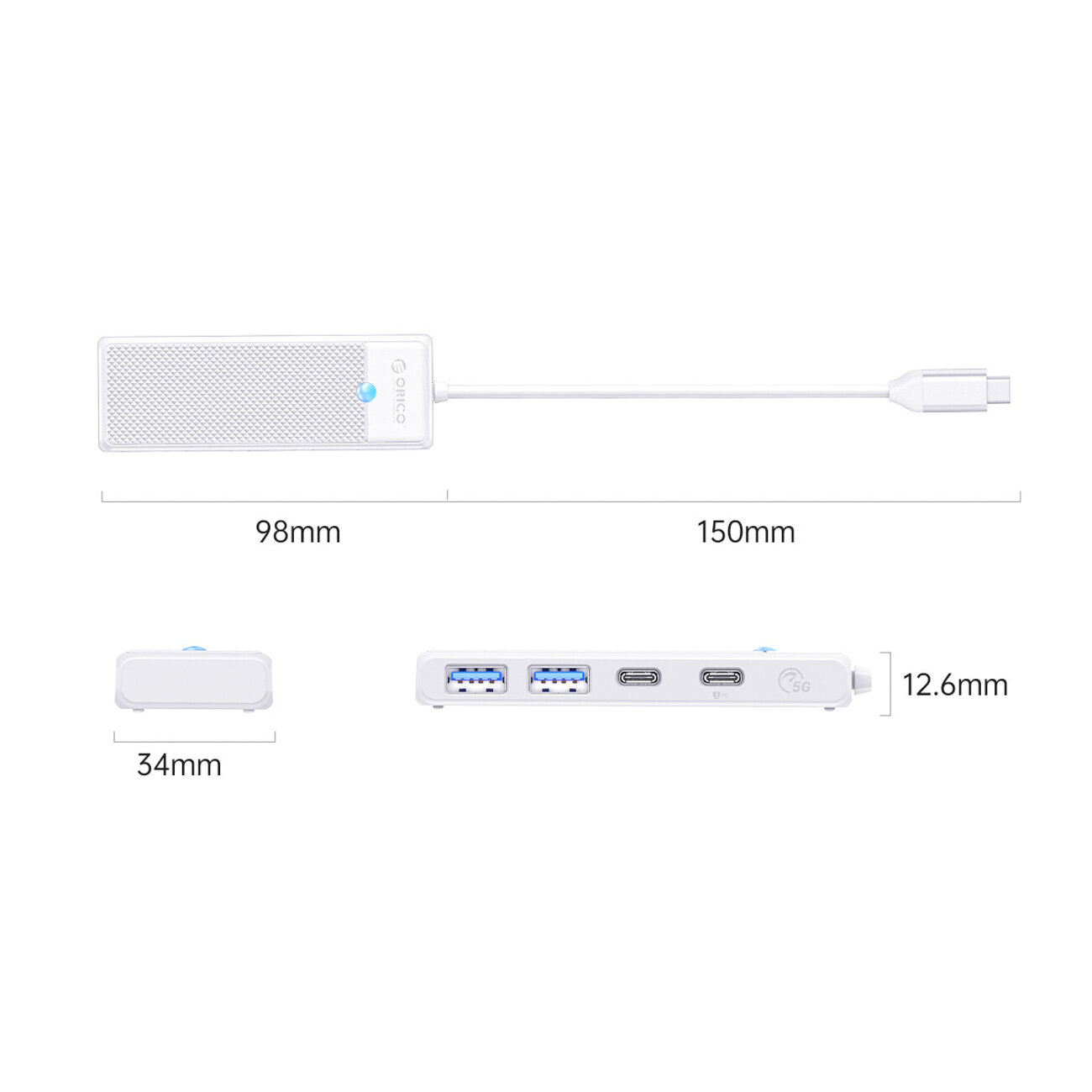 Biały hub USB z czterema portami: dwa USB-A 3.0 i dwa USB-C 3.0, z ładowaniem USB-C PD 100 W. Wymiary urządzenia to 98 mm x 34 mm x 12.6 mm, a długość kabla wynosi 150 mm.