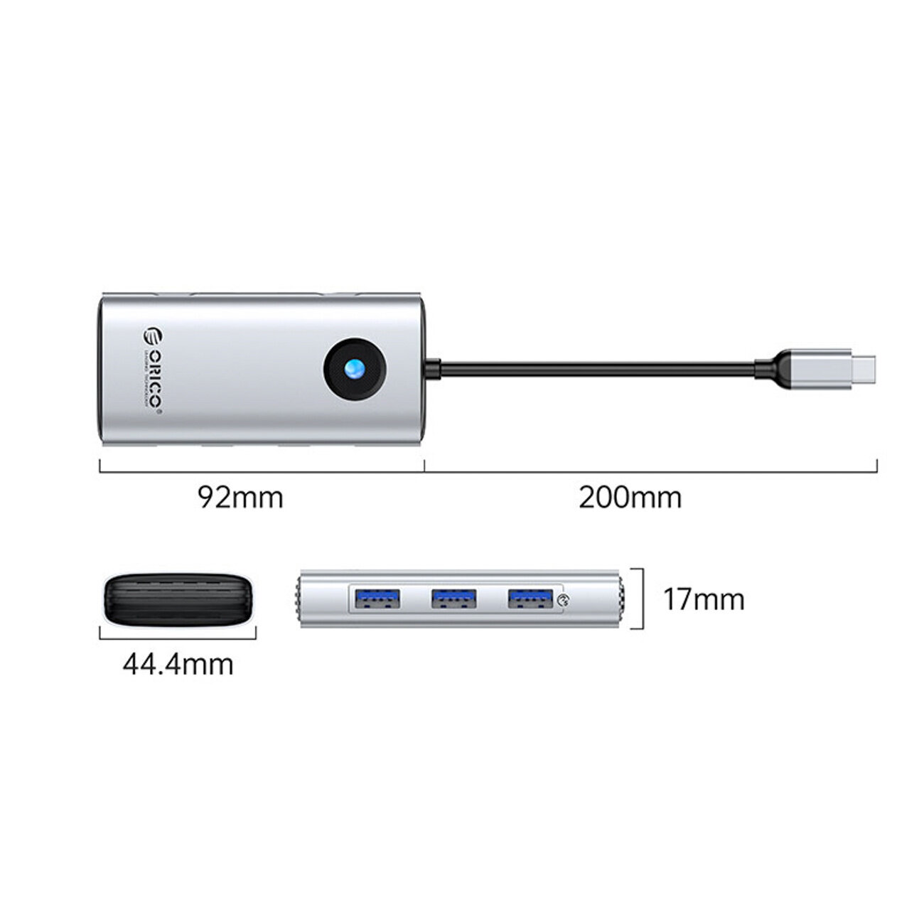 Na obrazie widoczna jest srebrna stacja dokująca z logo \'Orico\', posiadająca trzy porty USB-A, jeden port USB-C, port HDMI oraz port Ethernet. Wymiary urządzenia to 92mm x 44.4mm x 17mm, a długość kabla wynosi 200mm.