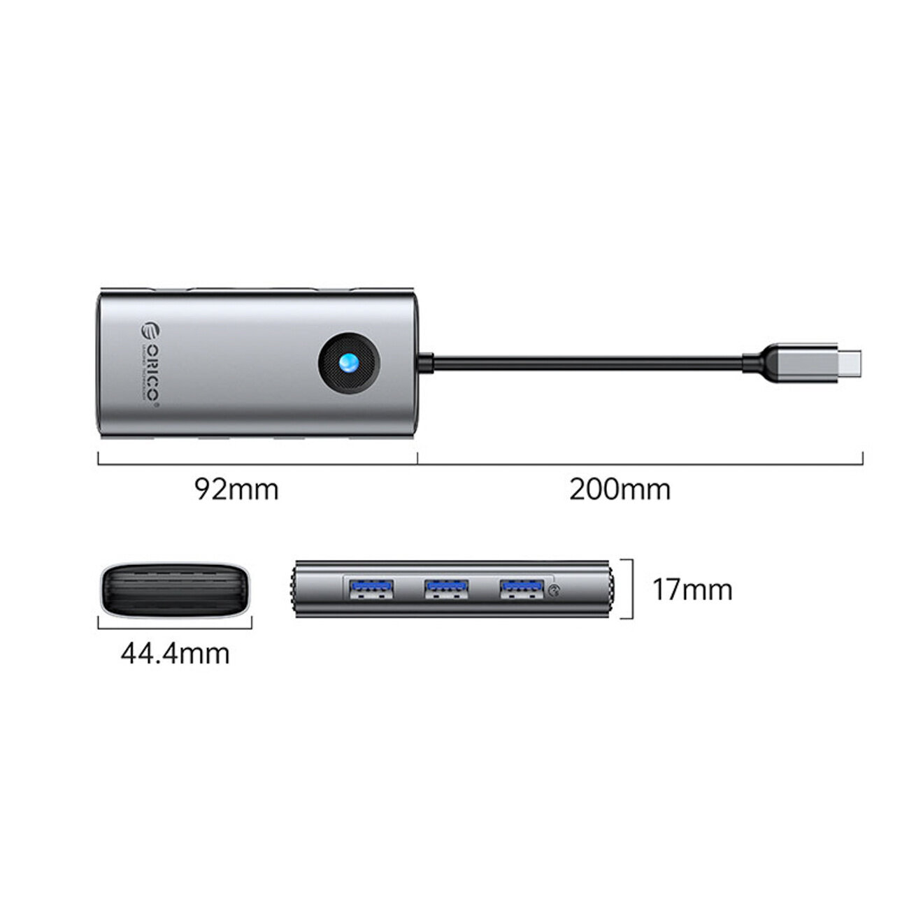 Stacja dokująca USB-C w kolorze szarym z logo Orico, posiadająca trzy porty USB-A 3.0, jeden port USB-C, jeden port HDMI oraz port Ethernet. Wymiary urządzenia to 92mm x 44.4mm x 17mm, a długość kabla wynosi 200mm.