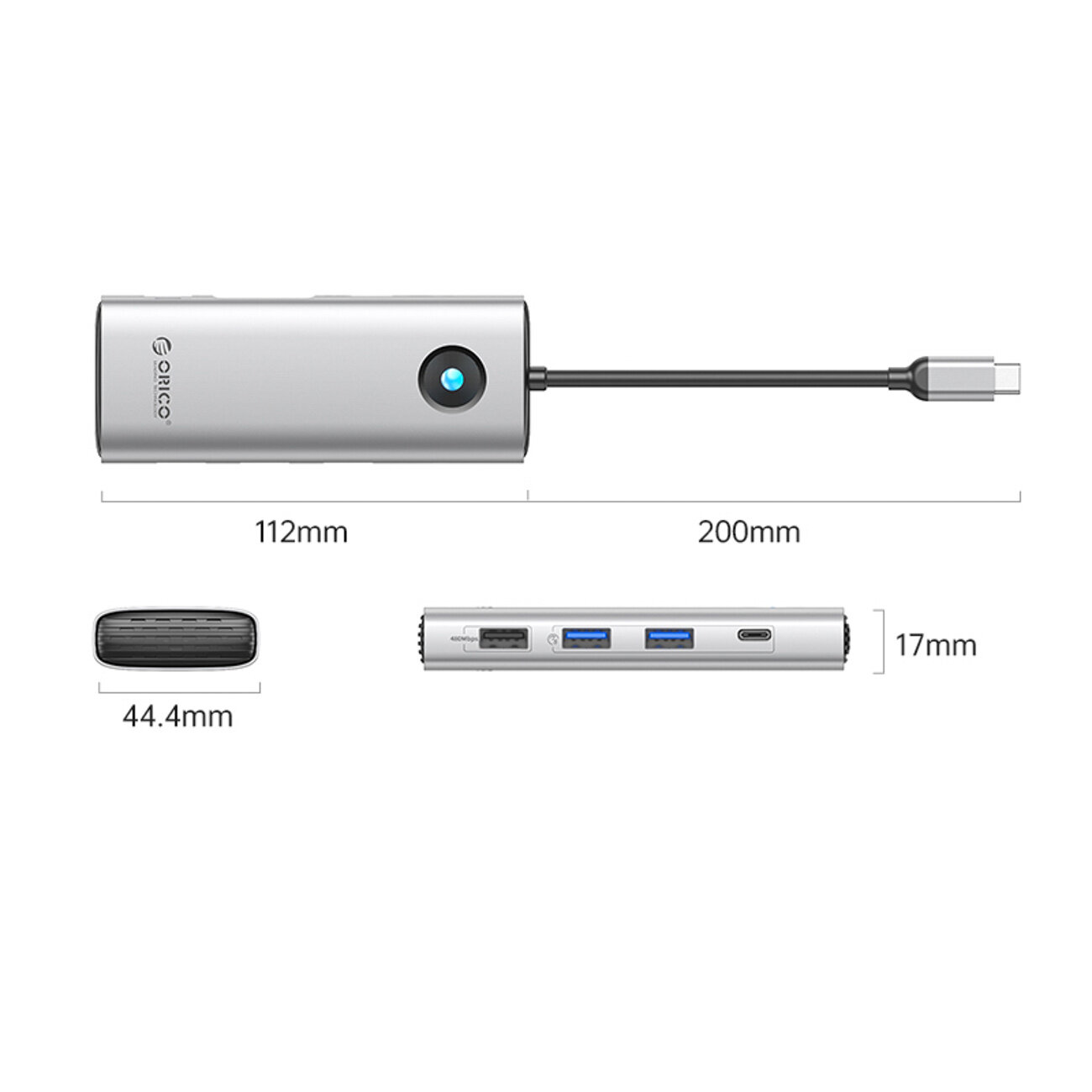 Obraz przedstawia srebrną stację dokującą z logo \'Orico\', z kilkoma portami USB i kablem USB-C. Wymiary urządzenia to 112mm długości, 44.4mm szerokości i 17mm wysokości, z kablem o długości 200mm.