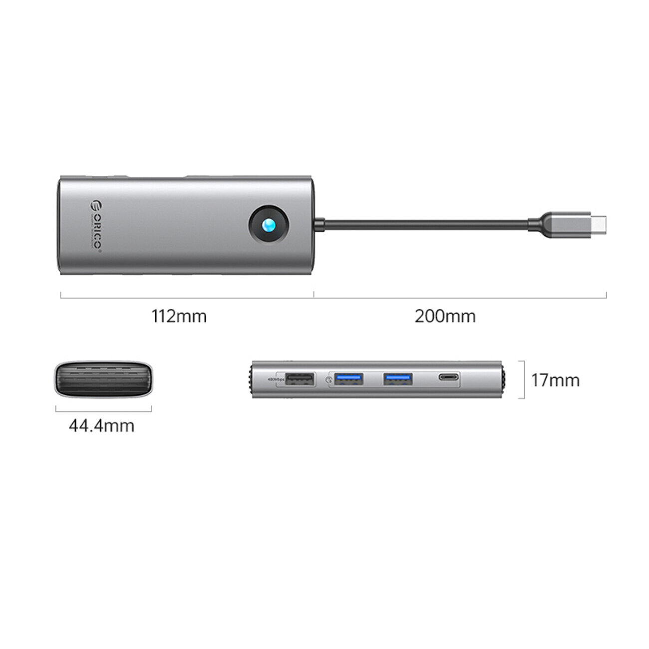 Szara stacja dokująca USB-C z logo Orico, posiadająca kilka portów USB-A, USB-C, HDMI, VGA oraz Ethernet. Wymiary urządzenia to 112mm x 44.4mm x 17mm, z kablem o długości 200mm.