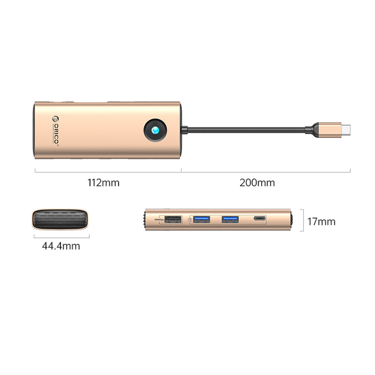 Stacja dokująca w kolorze różowo-złotym z logo Orico, posiadająca różne porty USB i HDMI. Wymiary to 112mm x 44.4mm x 17mm, z kablem o długości 200mm.