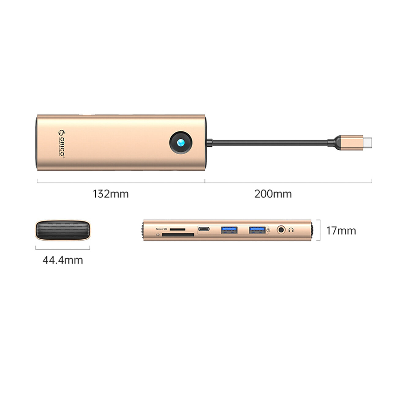 Obraz przedstawia różowo-złotą stację dokującą z logo Orico, z kilkoma portami: 2x USB-A 3.0, 1x USB-C 3.0, 1x USB-C PD, 1x HDMI, 1x microSD/SD, 1x RJ45 Ethernet, 1x audio 3,5 mm. Wymiary urządzenia to 132mm x 44.4mm x 17mm, a długość kabla wynosi 200mm.