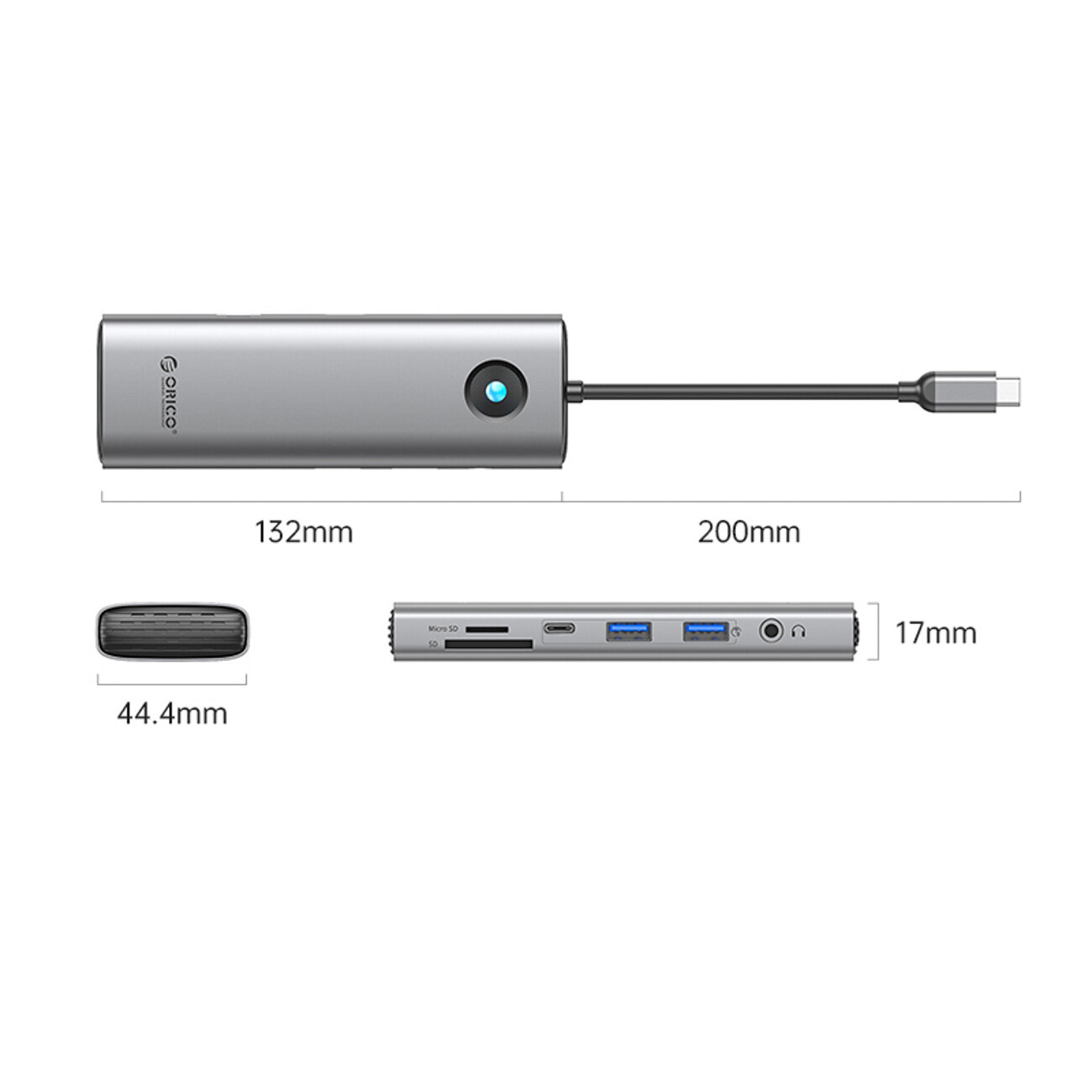 Szara stacja dokująca z logo \'Orico\' posiada różne porty, w tym 2x USB-A 3.0, 1x USB-C 3.0, 1x USB-C PD 100, 1x HDMI 4K 60Hz, 1x microSD/SD, 1x RJ45 2.5G Ethernet i 1x Audio 3,5 mm. Wymiary urządzenia to 132mm x 44.4mm x 17mm, a długość kabla wynosi 200mm.