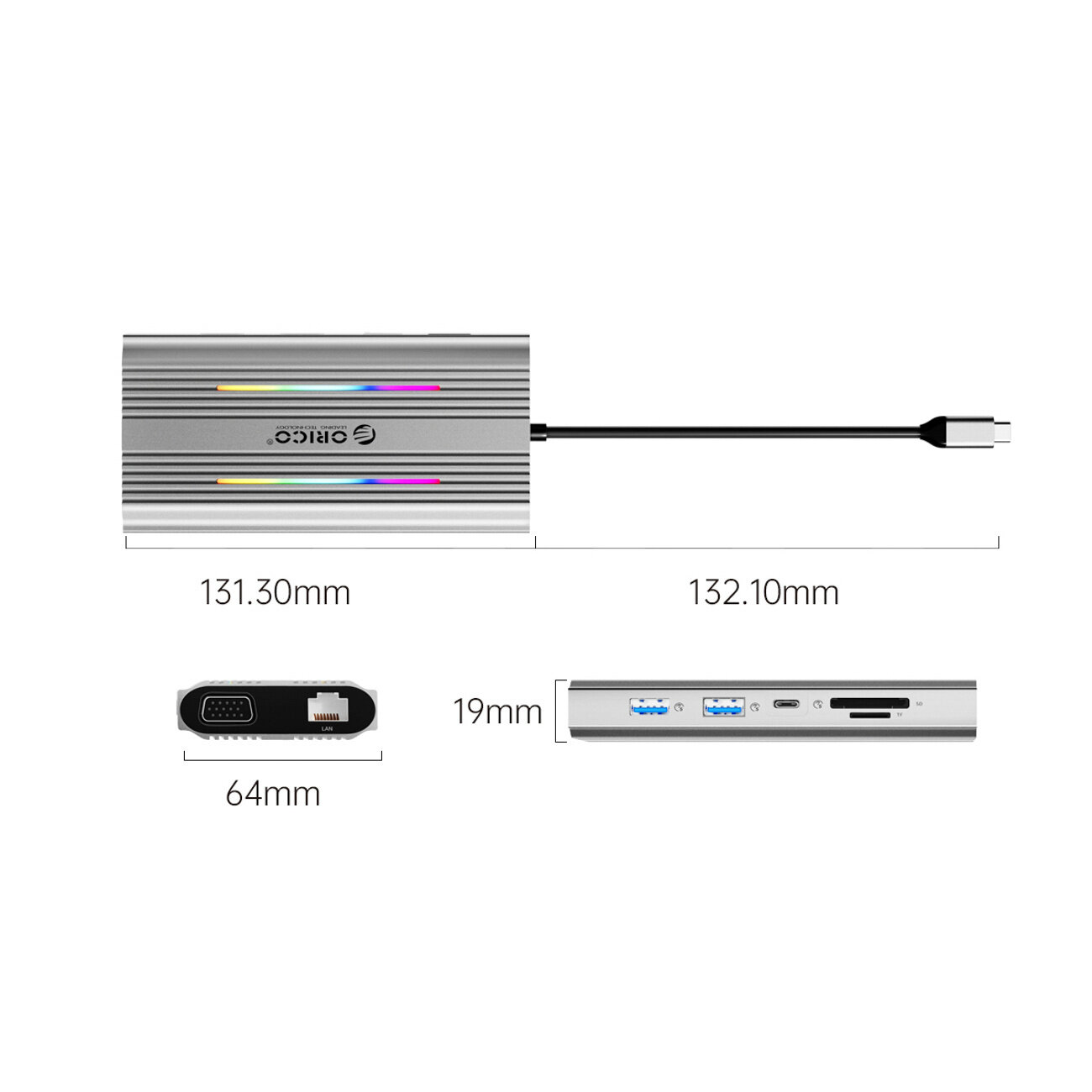Obraz przedstawia szarą stację dokującą z logo Orico, z różnymi portami, w tym USB-A, USB-C, HDMI, VGA, RJ45 oraz czytnikami kart SD i microSD. Wymiary urządzenia to 131.30 mm x 132.10 mm x 19 mm, a szerokość portu VGA wynosi 64 mm.