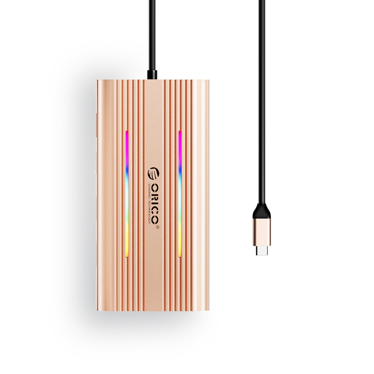 Różowo-złota stacja dokująca z logo \'Orico\' i kolorowymi podświetleniami, z podłączonym czarnym kablem USB-C.