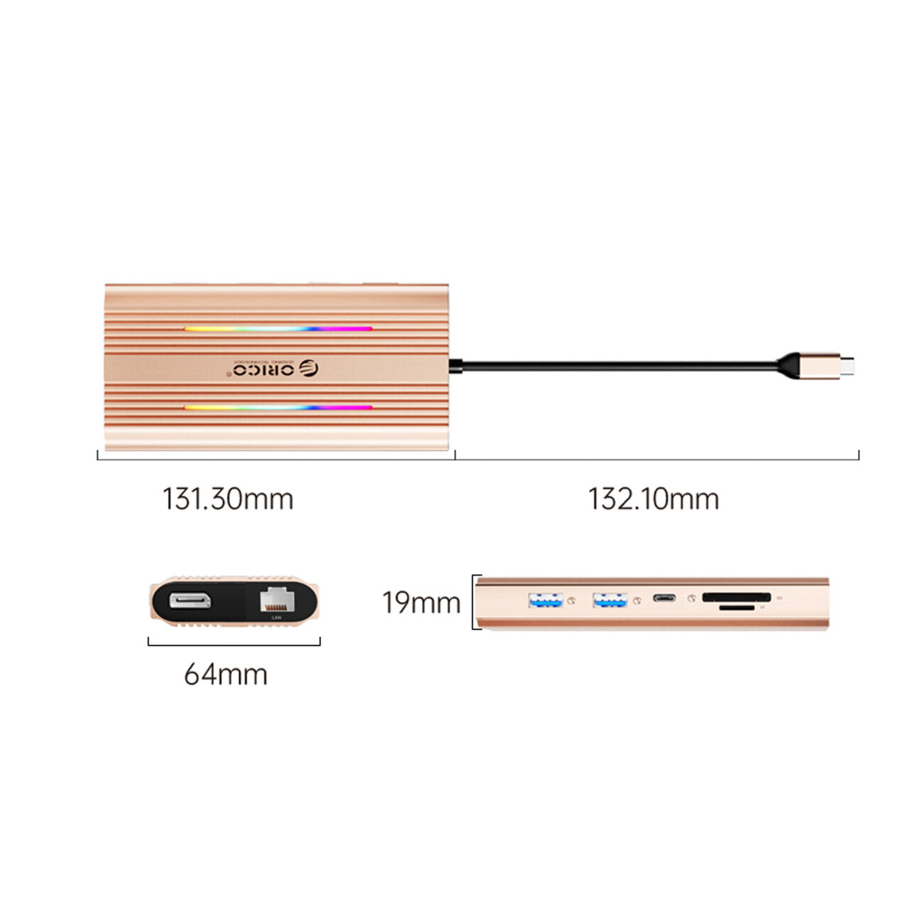 Obraz przedstawia różowo-złotą stację dokującą z logo Orico, z kilkoma portami USB, HDMI, DisplayPort oraz czytnikami kart SD i microSD. Wymiary urządzenia to 131.30 mm x 64 mm x 19 mm, z kablem o długości 132.10 mm.