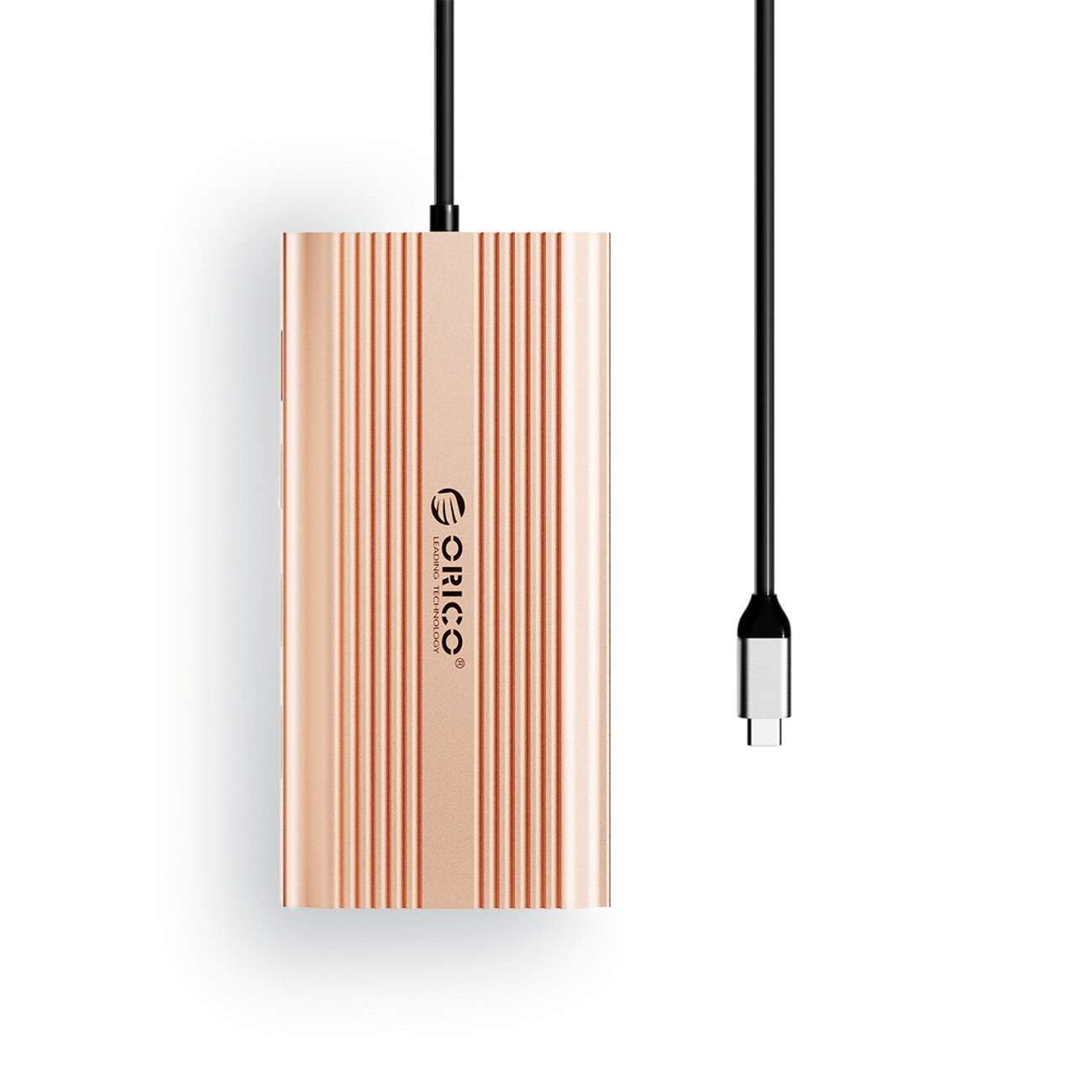 Różowo-złota stacja dokująca z logo \'Orico\' i podłączonym czarnym kablem USB-C.