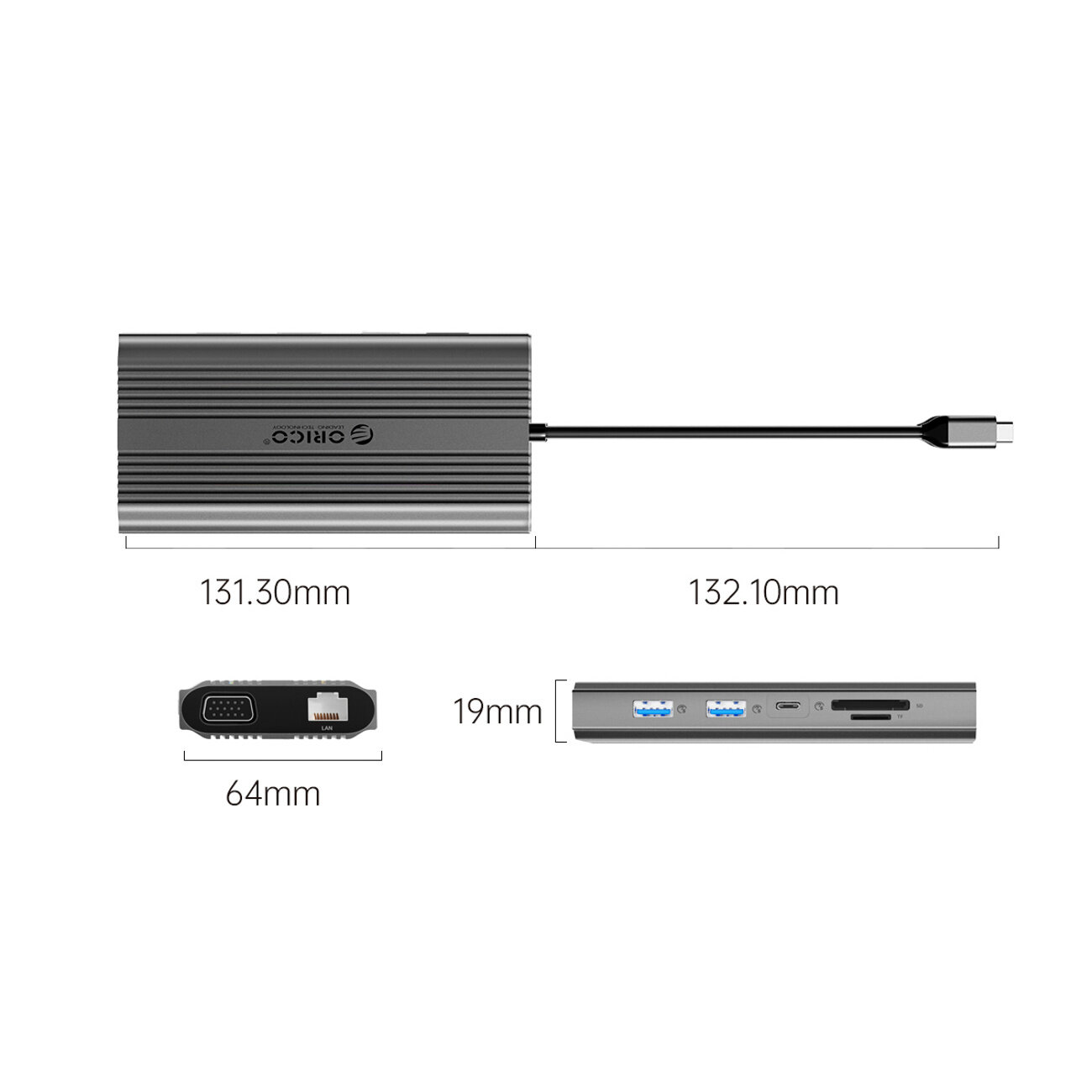 Obraz przedstawia stację dokującą z logo Orico, z wymiarami 131.30mm x 64mm x 19mm. Widoczne są różne porty, w tym USB i HDMI, oraz kabel USB-C o długości 132.10mm.