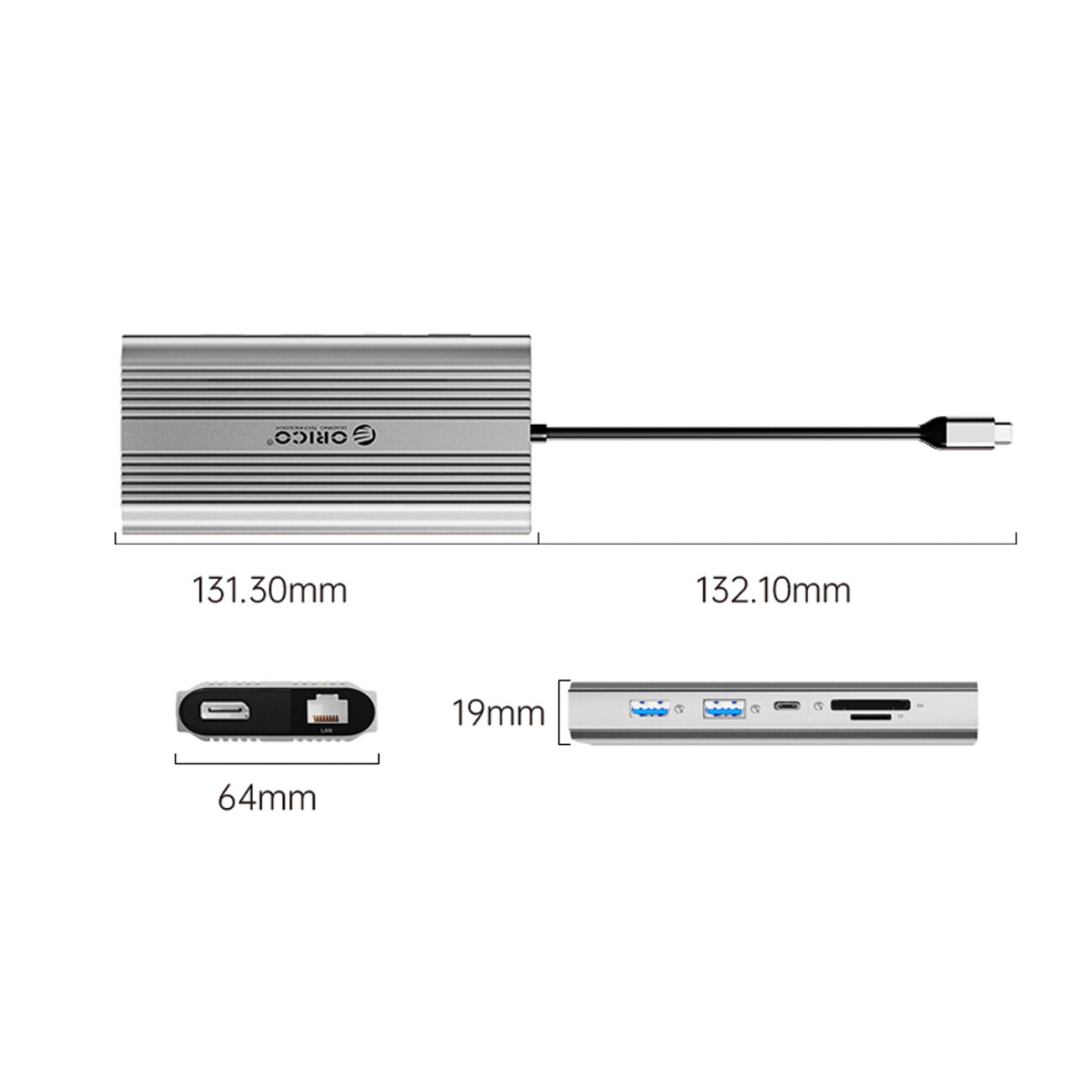 Obraz przedstawia srebrną stację dokującą z logo Orico, z kilkoma portami USB-A, USB-C, HDMI, DisplayPort, RJ45 oraz czytnikami kart SD i microSD. Wymiary urządzenia to 131.30mm x 64mm x 19mm, a długość kabla wynosi 132.10mm.