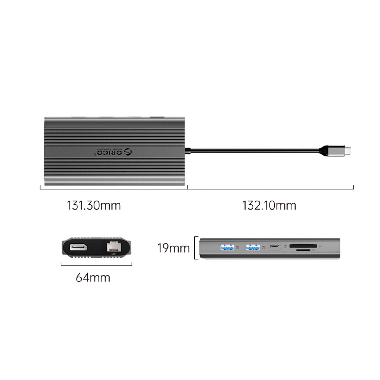 Obraz przedstawia stację dokującą USB-C marki Orico z wymiarami 131.30mm x 64mm x 19mm. Widoczne są różne porty, w tym USB-A, USB-C, HDMI, DisplayPort oraz czytniki kart SD i microSD.