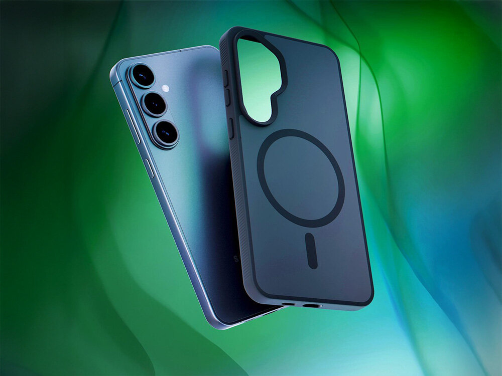 Na obrazie widoczne jest czarne etui z okrągłym wzorem oraz smartfon z trzema obiektywami aparatu. Tło jest w odcieniach zieleni i niebieskiego.