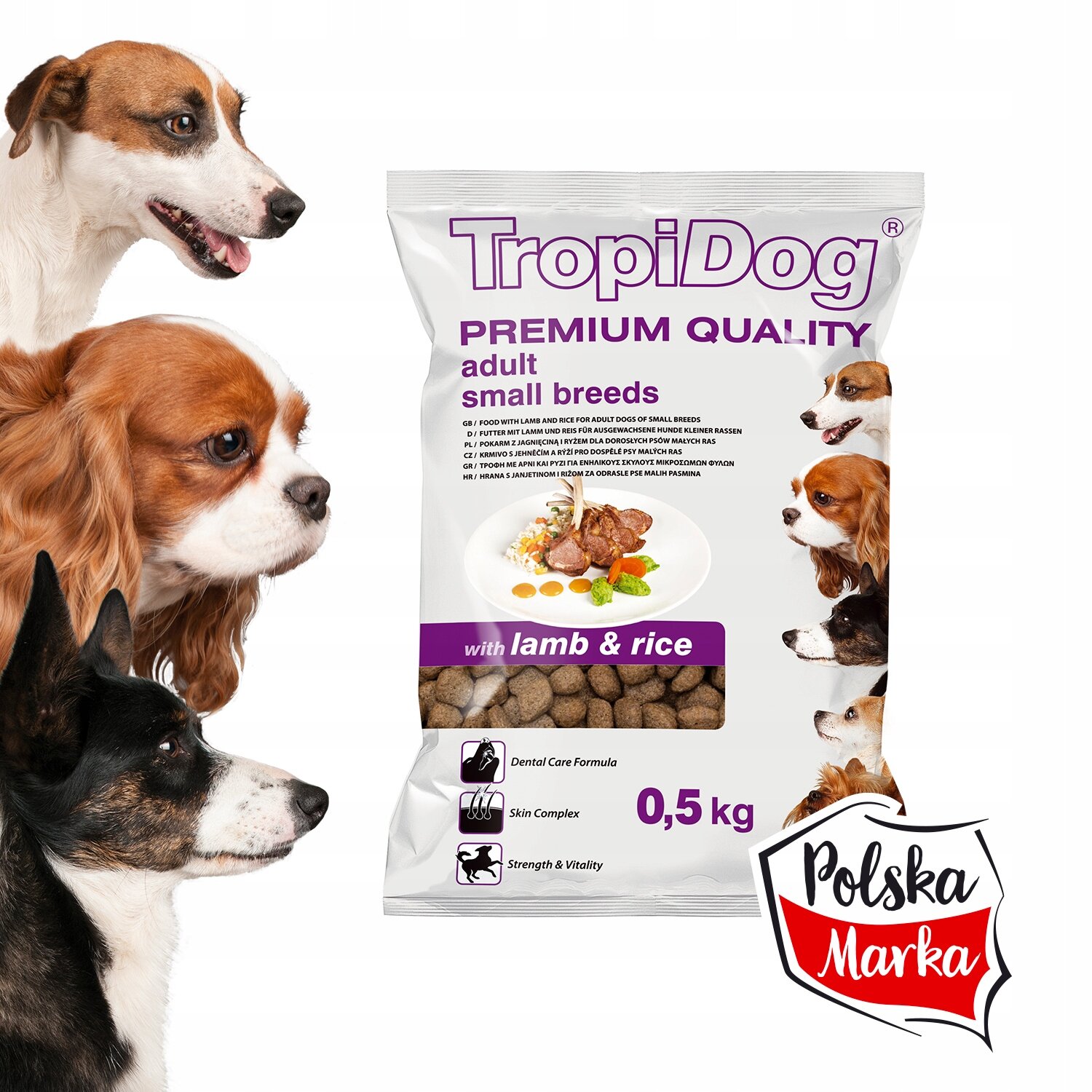 Opakowanie karmy dla psów z napisem \'TropiDog Premium Quality adult small breeds with lamb & rice\'. Obok opakowania widoczne są głowy kilku psów oraz logo \'Polska Marka\'.