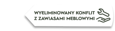 Grafika przedstawia biały prostokąt z tekstem: \'WYELIMINOWANY KONFLIKT Z ZAWIASAMI MEBLOWYMI\'. Obok tekstu znajdują się ikony klucza i dłoni.